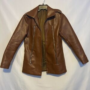 Pleather Jacket Womens Sz M Brown Butterscotch‎ Minimalist Classic Faux Leather